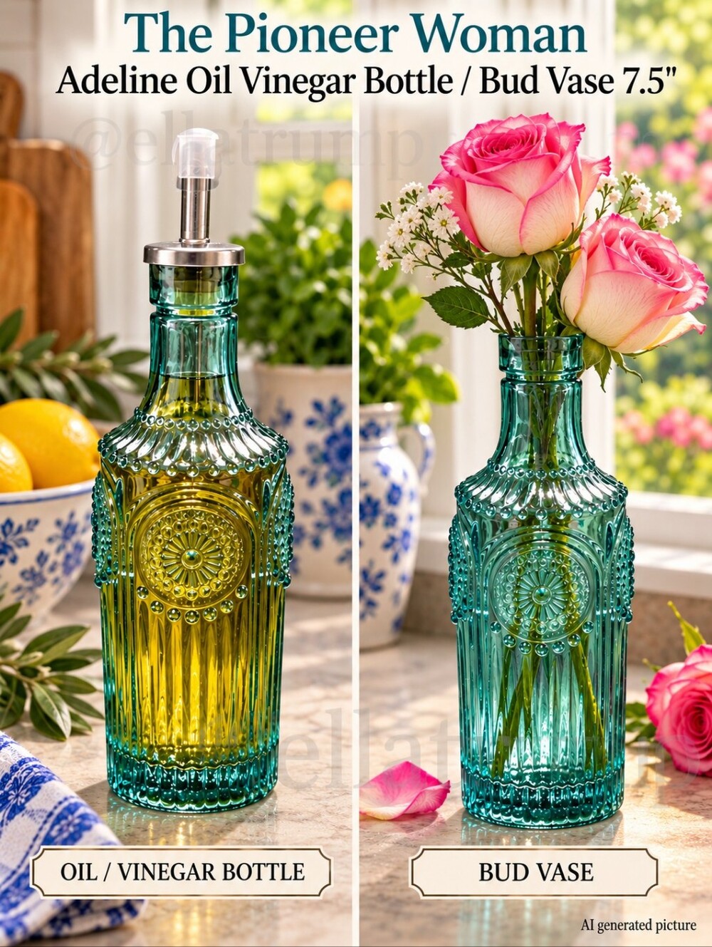 The Pioneer Woman Adeline Collection Teal Glass Oil Vinegar Bottle or Bud Vase